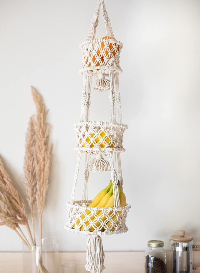 SnugLife Macrame 3 Tier Hanging Basket - Space Saving Hanging Fruit Basket for Kitchen or Decorative Boho Decor Hanging Plant Holder - Use for Produce Baskets, Indoor Planter Hangers, 42 Inches Beige - Image 3