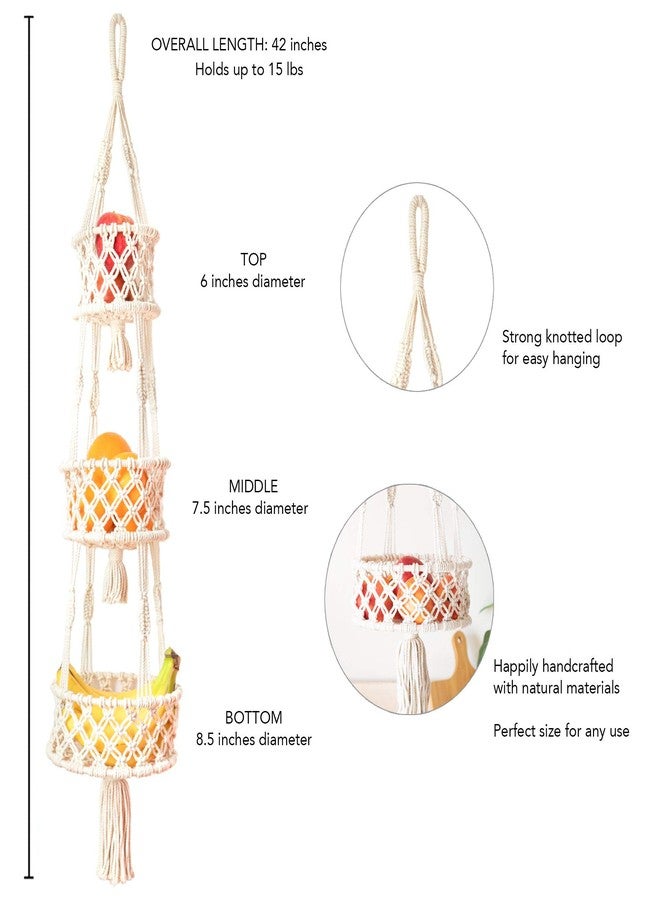 SnugLife Macrame 3 Tier Hanging Basket - Space Saving Hanging Fruit Basket for Kitchen or Decorative Boho Decor Hanging Plant Holder - Use for Produce Baskets, Indoor Planter Hangers, 42 Inches Beige - Image 2