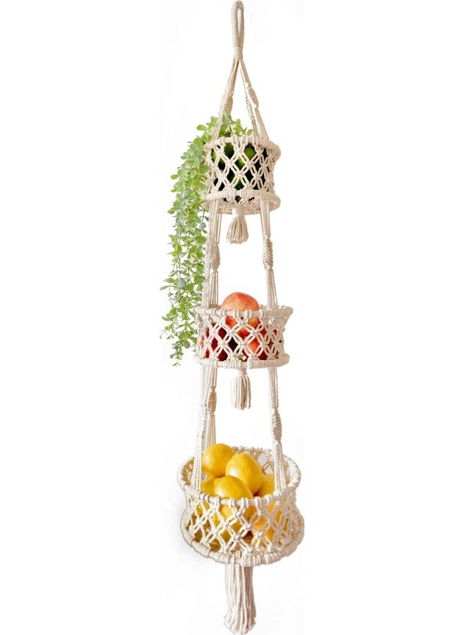 SnugLife Macrame 3 Tier Hanging Basket - Space Saving Hanging Fruit Basket for Kitchen or Decorative Boho Decor Hanging Plant Holder - Use for Produce Baskets, Indoor Planter Hangers, 42 Inches Beige - Image 1