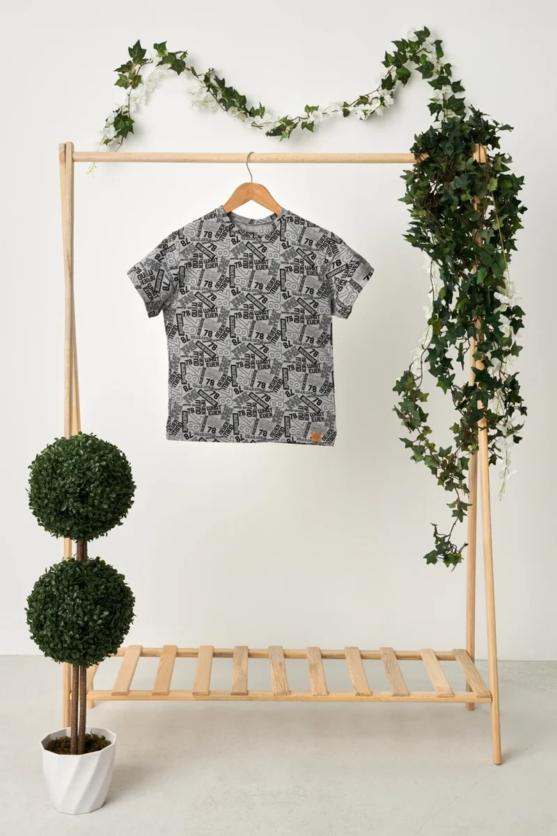 بيبيجيز Gray Boy's Short Sleeve Patterned Crew Neck Anti-Sweat, Soft Comfortable 100% Cotton Combed Cotton T-Shirt