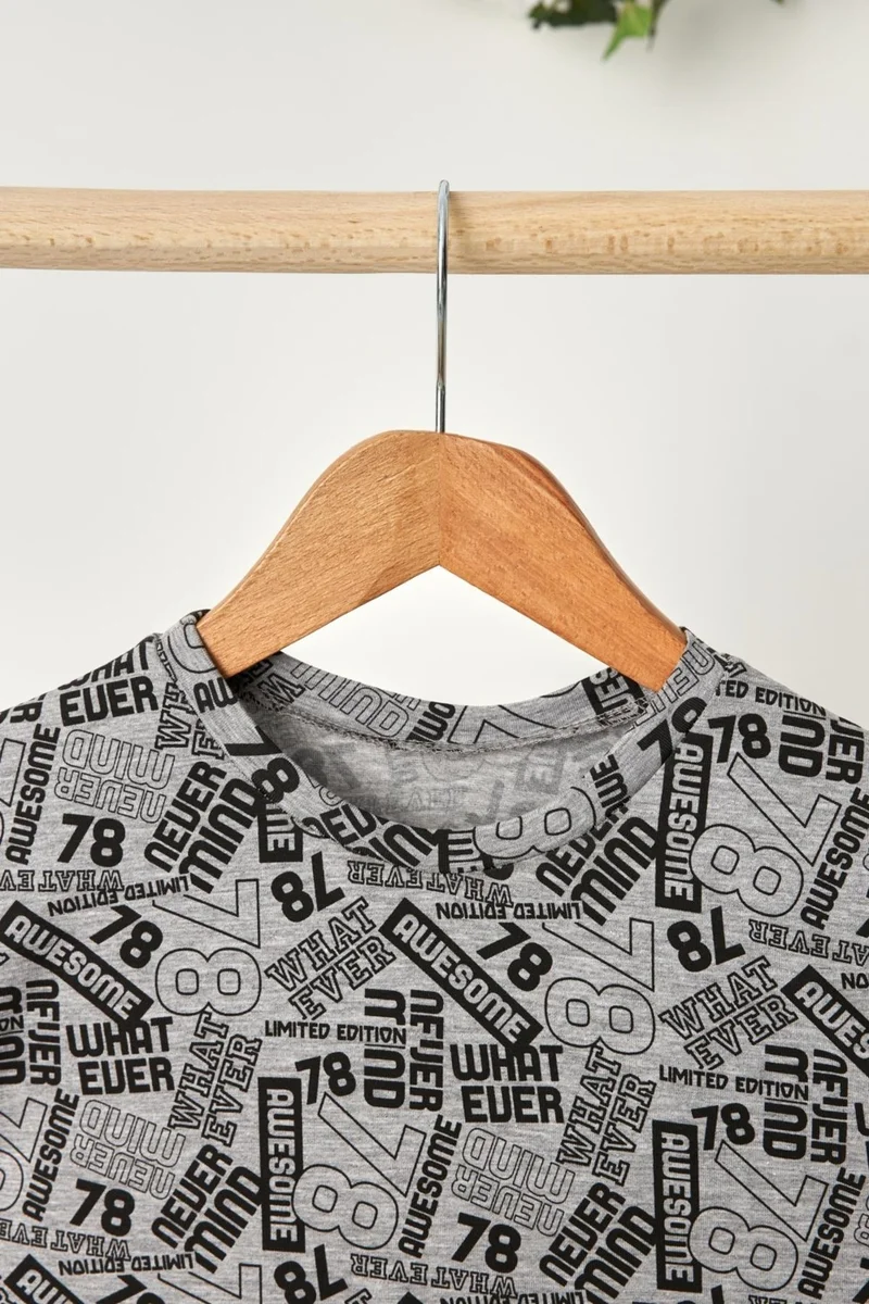 بيبيجيز Gray Boy's Short Sleeve Patterned Crew Neck Anti-Sweat, Soft Comfortable 100% Cotton Combed Cotton T-Shirt