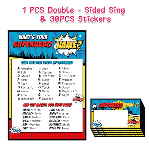 ALodr What is Your Superhero Name Game, Game Sign and 30 Cards, Superhero Birthday Party Sign for Boys, Holiday Activity, Kids Superhero Activity Cards, Superhero Activity Decoration Supplies - Image 2