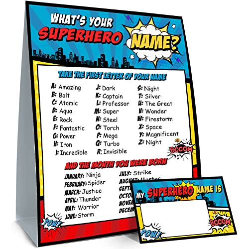 ALodr What is Your Superhero Name Game, Game Sign and 30 Cards, Superhero Birthday Party Sign for Boys, Holiday Activity, Kids Superhero Activity Cards, Superhero Activity Decoration Supplies - Image 1
