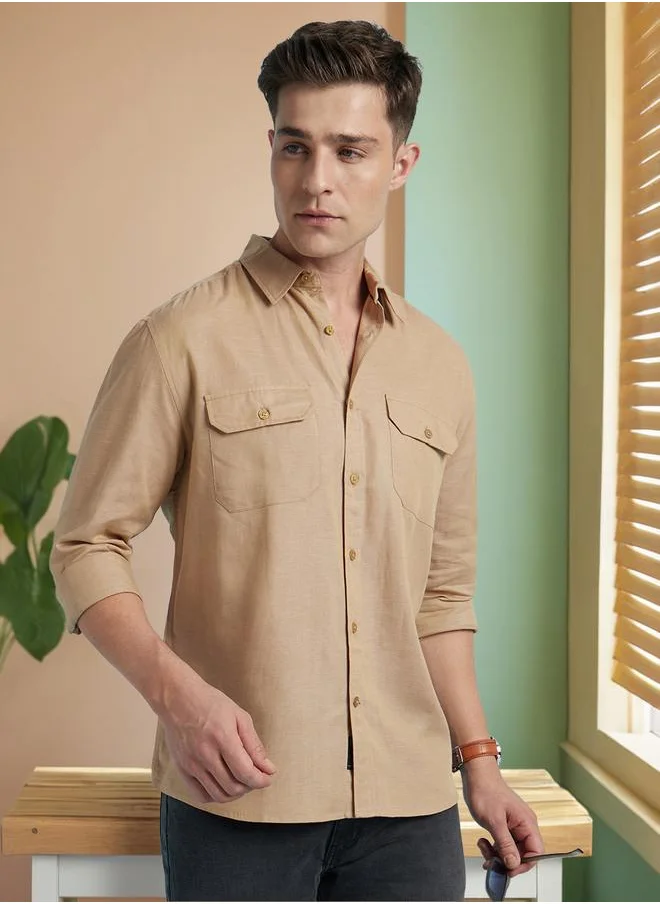 Dennis Lingo Men's Beige Cotton Blend Solid Regular Fit Shirt
