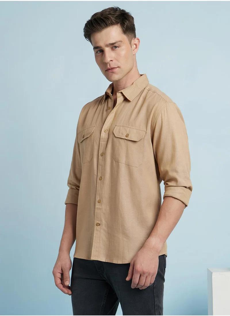 Dennis Lingo Men's Beige Cotton Blend Solid Regular Fit Shirt
