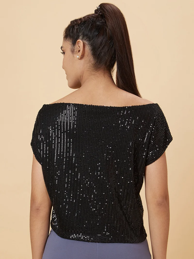 globus Women Sequined One Shoulder Party Crop Top