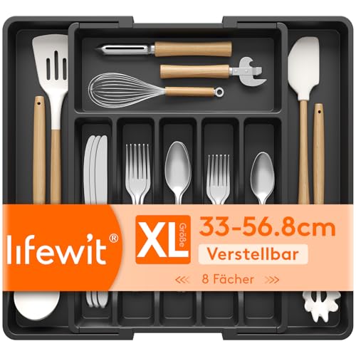 Lifewit Silverware Drawer Organizer Expandable Utensil Tray for Kitchen BPA Free Flatware and Cutlery Holder Adjustable Plastic Storage for Spoons Forks Knives 33 57 x 42cm Black - Image 1