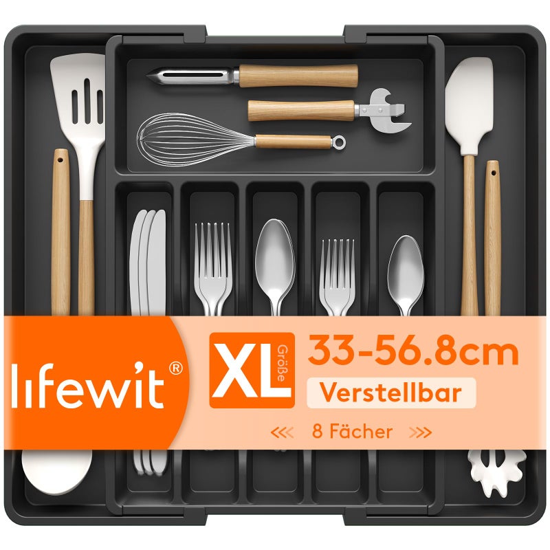 Lifewit Silverware Drawer Organizer Expandable Utensil Tray for Kitchen BPA Free Flatware and Cutlery Holder Adjustable Plastic Storage for Spoons Forks Knives 33 57 x 42cm Black - Image 2