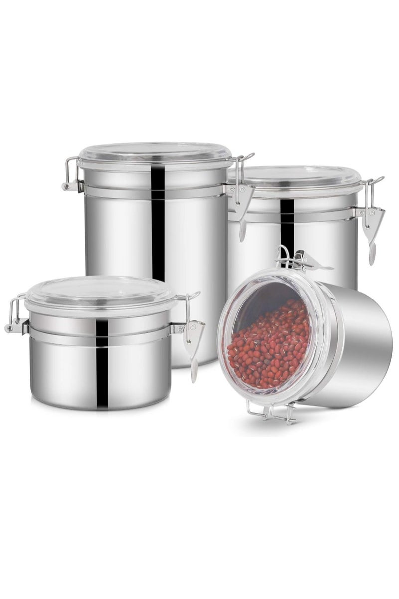 Sorfity طقم حافظات طعام محكمة الإغلاق من الستانلس ستيل – 4 قطع – لتخزين الدقيق، القهوة، السكر، الشاي، الحبوب، والبسكويت – بغطاء أكريليك شفاف وقفل محكم – مقاومة للصدأ ومثالية للمطبخ - Image 1