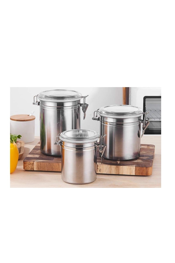 Sorfity طقم حافظات طعام محكمة الإغلاق من الستانلس ستيل – 4 قطع – لتخزين الدقيق، القهوة، السكر، الشاي، الحبوب، والبسكويت – بغطاء أكريليك شفاف وقفل محكم – مقاومة للصدأ ومثالية للمطبخ - Image 2