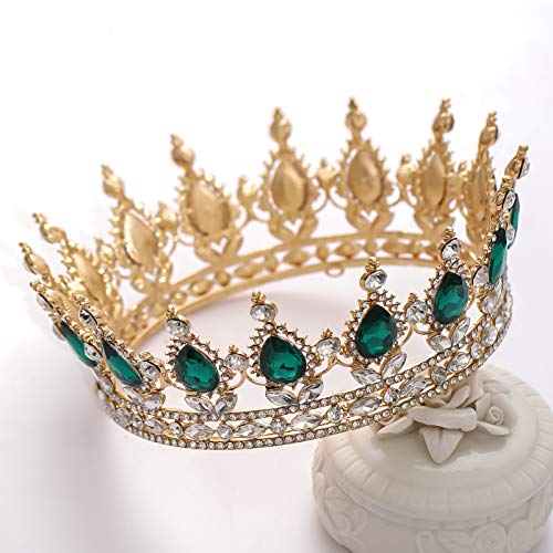 FORSEVEN Queen Crown Rhinestone Wedding Crowns and Tiaras for Women Costume Party Hair Accessories Princess Birthday Crown Crystal Bridal Crown (Gold+Green) - Image 4