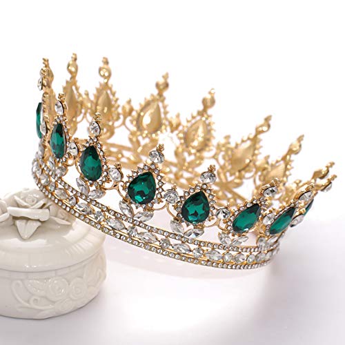 FORSEVEN Queen Crown Rhinestone Wedding Crowns and Tiaras for Women Costume Party Hair Accessories Princess Birthday Crown Crystal Bridal Crown (Gold+Green) - Image 3