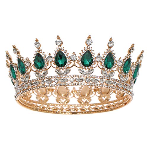FORSEVEN Queen Crown Rhinestone Wedding Crowns and Tiaras for Women Costume Party Hair Accessories Princess Birthday Crown Crystal Bridal Crown (Gold+Green) - Image 1
