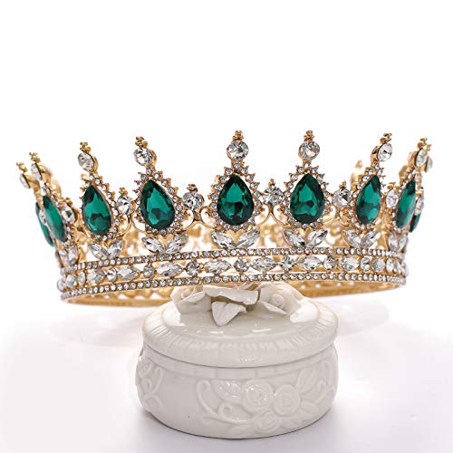 FORSEVEN Queen Crown Rhinestone Wedding Crowns and Tiaras for Women Costume Party Hair Accessories Princess Birthday Crown Crystal Bridal Crown (Gold+Green) - Image 2