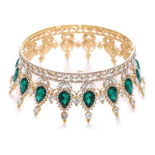 FORSEVEN Queen Crown Rhinestone Wedding Crowns and Tiaras for Women Costume Party Hair Accessories Princess Birthday Crown Crystal Bridal Crown (Gold+Green) - Image 5