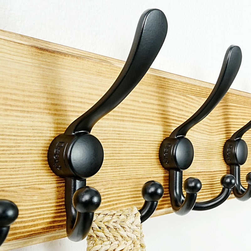 Dseap Coat Rack Wall Mount - Heavy-Duty Robust Rustic Wooden Wall Coat Hanger Hook Rail with 5 Triple Hooks for Winter Jacket & Hat Clothing, Light Brown & Black - Image 2