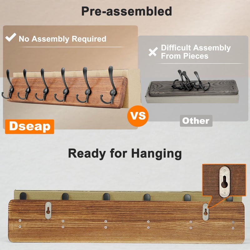 Dseap Coat Rack Wall Mount - Heavy-Duty Robust Rustic Wooden Wall Coat Hanger Hook Rail with 5 Triple Hooks for Winter Jacket & Hat Clothing, Light Brown & Black - Image 5