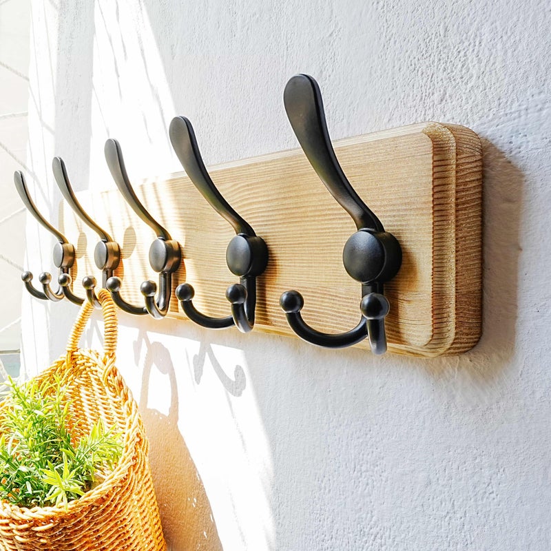 Dseap Coat Rack Wall Mount - Heavy-Duty Robust Rustic Wooden Wall Coat Hanger Hook Rail with 5 Triple Hooks for Winter Jacket & Hat Clothing, Light Brown & Black - Image 1