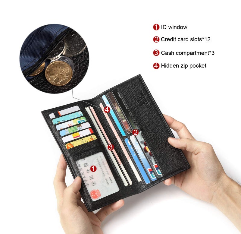 BISON DENIM RFID Bifold Wallets Slim Credit Card Wallet Real Leather Mens Long Wallet with Zipper Coin Pocket (W4470-Blue) - Image 5