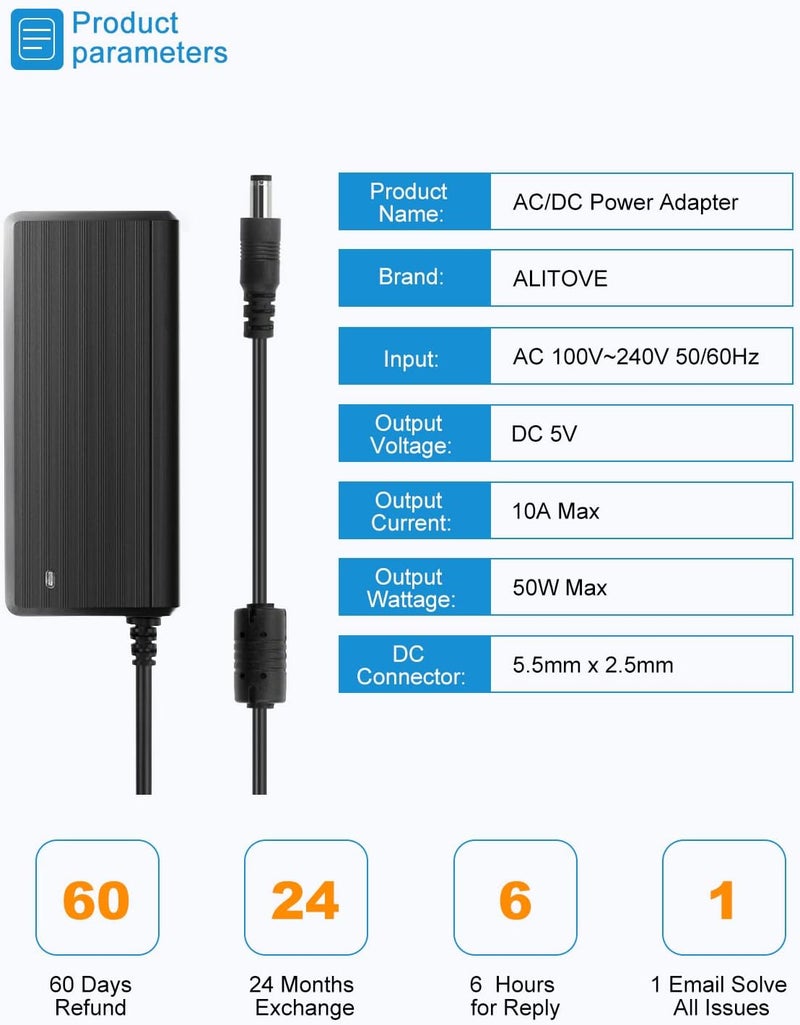 ALITOVE 5V 10A Power Supply Adapter AC/DC Converter 100-240V AC to DC 5 Volt 50W 10Amp 9A 8A 7A 2A Transformer with 5.5x2.5mm Plug for WS2812B WS2813 WS2811 W2813 SK6812 LED Strip Pixel String Light - Image 3