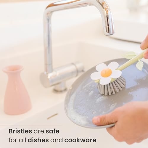 Vigar Florganic Daisy-Shaped Dish Brush with Vase Dish Brush Holder, Dish Brush with Handle, for Pot Scrubber, Kitchen Dishes, and Sink Cleaning, Pink - Image 4