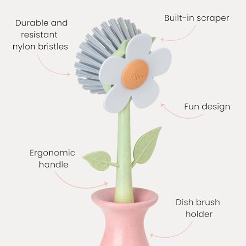 Vigar Florganic Daisy-Shaped Dish Brush with Vase Dish Brush Holder, Dish Brush with Handle, for Pot Scrubber, Kitchen Dishes, and Sink Cleaning, Pink - Image 3