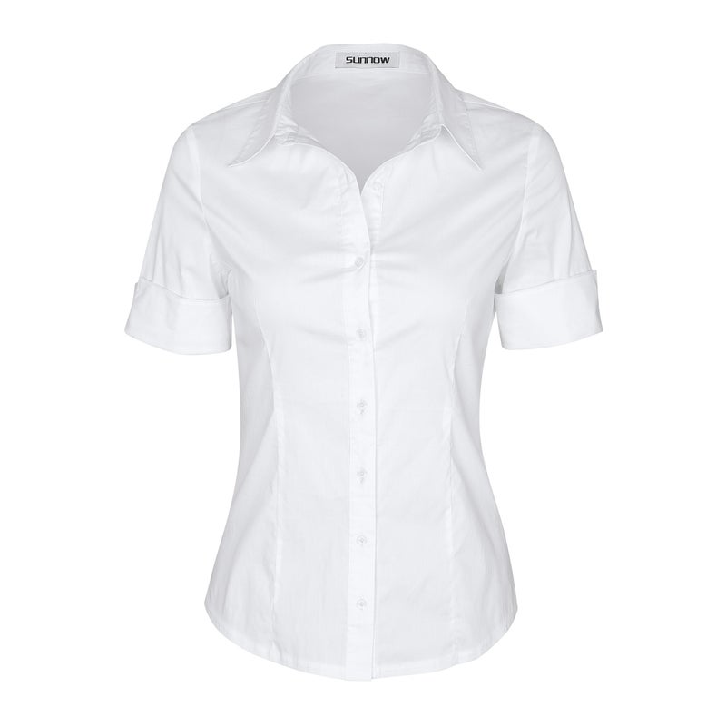 SUNNOW Womens Tailored Short Sleeve Basic Simple Button-Down Shirt with Stretch (2XL, White) - Image 2