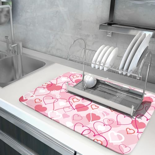 Sphragiyn Valentines Day Dish Drying Mat for Kitchen Pink Hearts Absorbent Reversible Microfiber Kitchen Countertop Protector Dishes Pad Large 18x24 inch - Image 5
