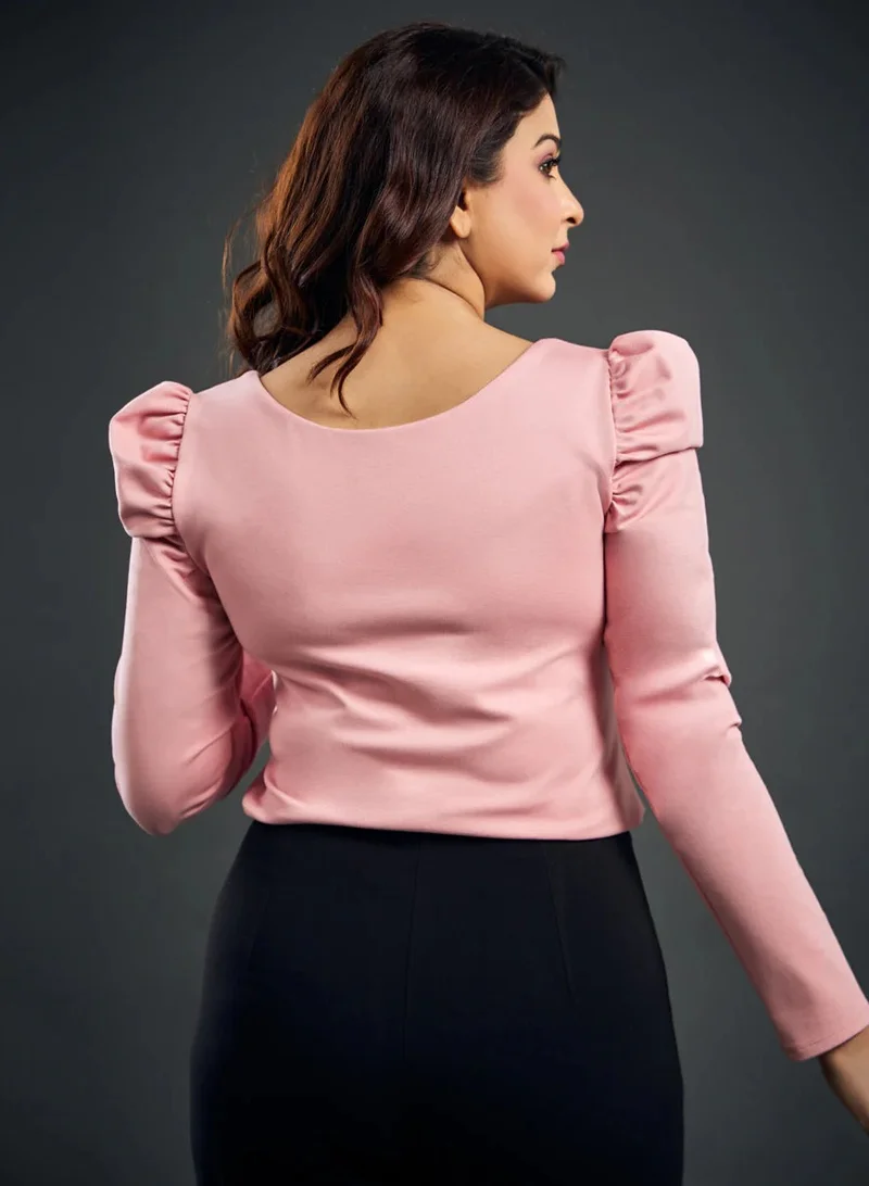 Zigzag Long Puff Sleeve Pink Ponte Top