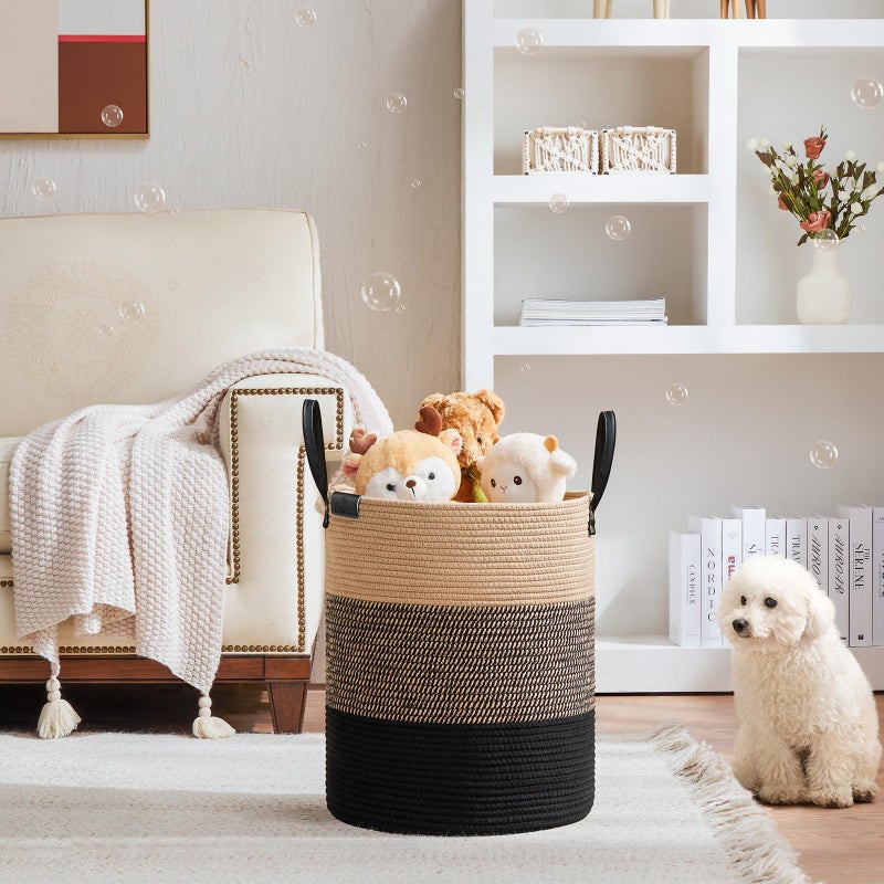 VIPOSCO Tall Laundry Basket, Large Dirty Clothes Hamper with Leather Handle, Woven Rope Storage Basket for Blanket, Toy In Living Room, Bathroom, Bedroom - 53L Brown & Black - Image 2