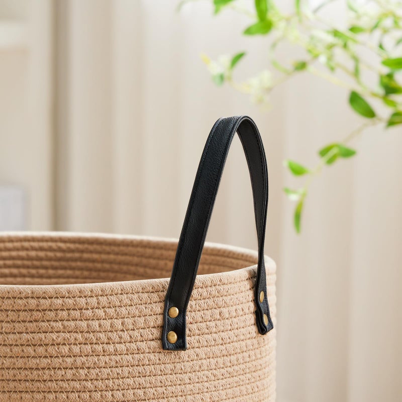 VIPOSCO Tall Laundry Basket, Large Dirty Clothes Hamper with Leather Handle, Woven Rope Storage Basket for Blanket, Toy In Living Room, Bathroom, Bedroom - 53L Brown & Black - Image 3