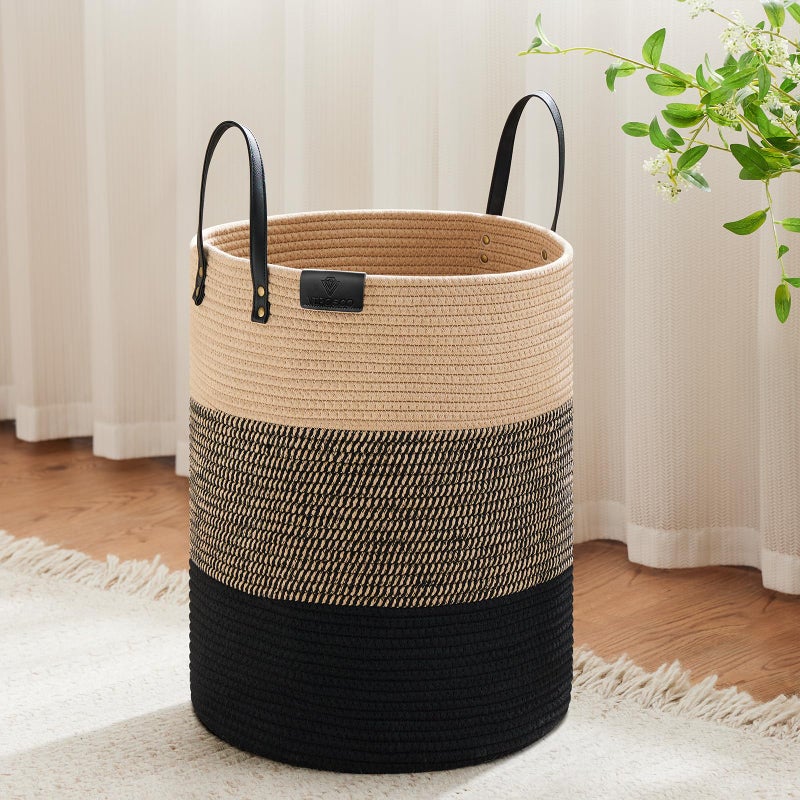 VIPOSCO Tall Laundry Basket, Large Dirty Clothes Hamper with Leather Handle, Woven Rope Storage Basket for Blanket, Toy In Living Room, Bathroom, Bedroom - 53L Brown & Black - Image 1