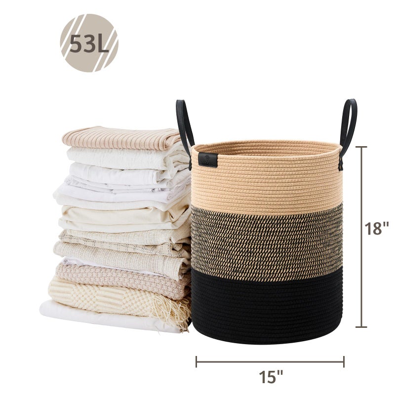 VIPOSCO Tall Laundry Basket, Large Dirty Clothes Hamper with Leather Handle, Woven Rope Storage Basket for Blanket, Toy In Living Room, Bathroom, Bedroom - 53L Brown & Black - Image 5