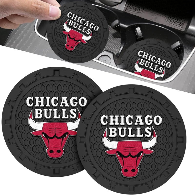 EMIJOY Bulls Car Cup Holder Coasters,Chicago Bulls Car Cup Coasters for Drink Holder,2pcs Car Cup Holder Insert,Basketball Stuffs for Cars,Anti-Split Dust Proof Car Cup Mat,Silicon Beverage Mat,2.75'' - Image 1