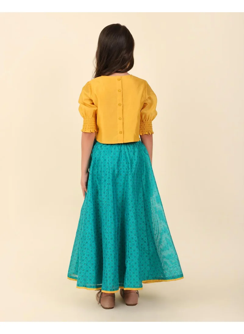 Fabindia Teal Cotton Silk Hand Block Printed 3Pc Lehenga Set