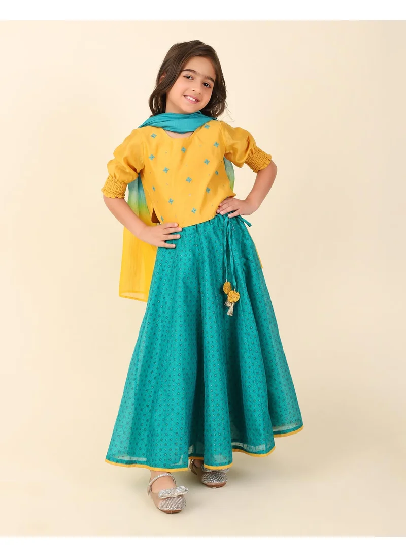 Fabindia Teal Cotton Silk Hand Block Printed 3Pc Lehenga Set