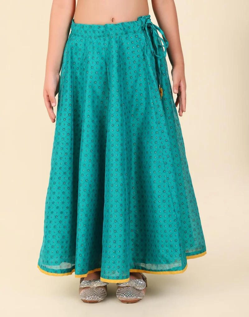 Fabindia Teal Cotton Silk Hand Block Printed 3Pc Lehenga Set