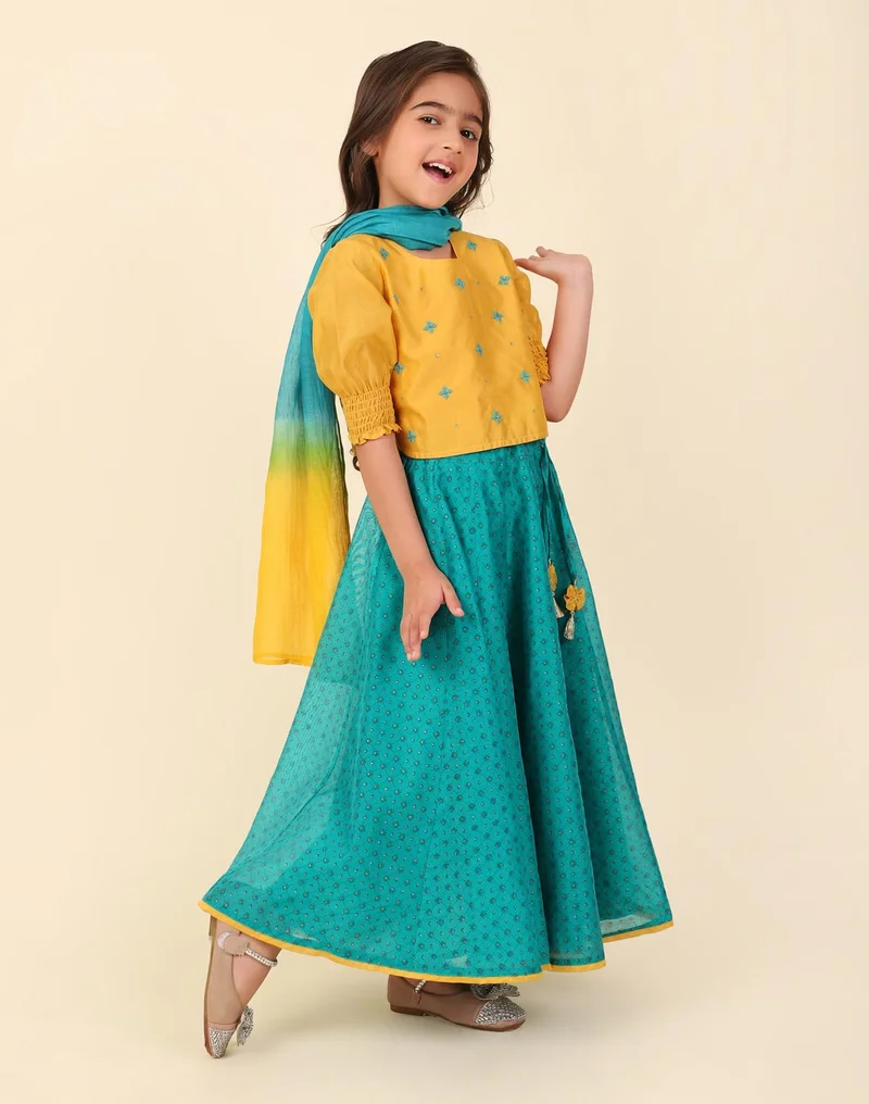 Fabindia Teal Cotton Silk Hand Block Printed 3Pc Lehenga Set