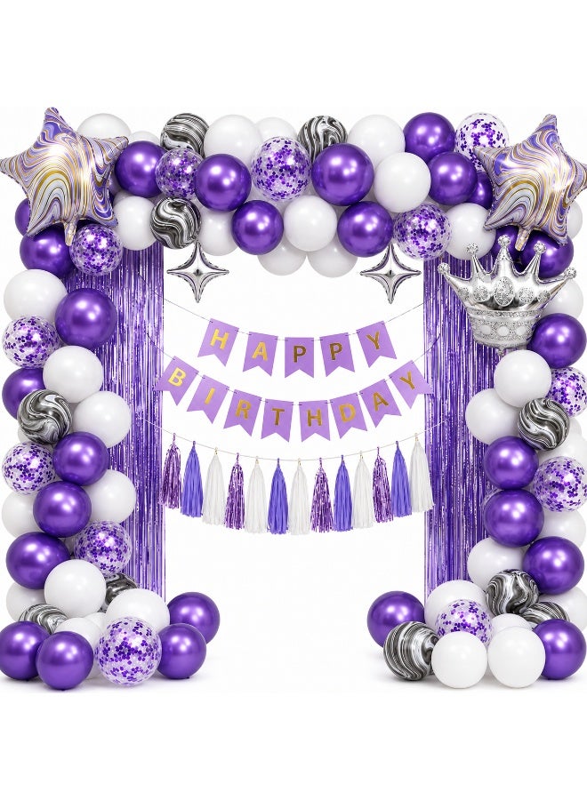 Capstro Purple Agate Birthday Balloon Decoration Set Banner & Balloon Arch Kit with Gold, White & Confetti Latex Balloons, Crown & Star Foil Balloons, Tinsel Curtain Backdrop – Purple Agate - Image 1