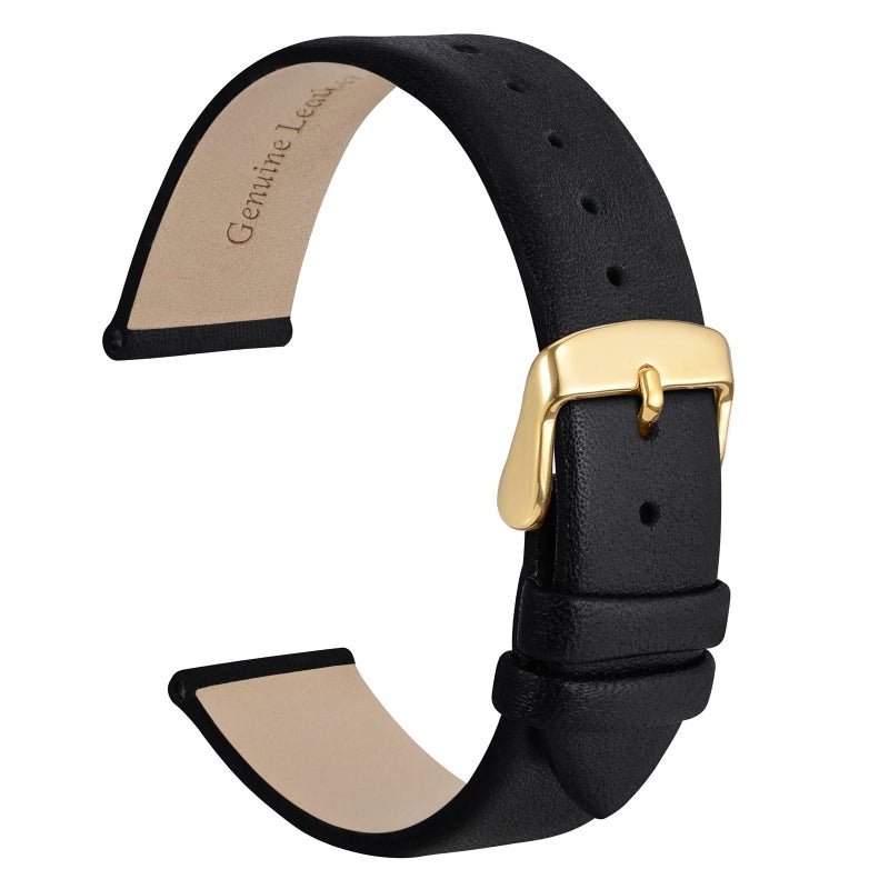 WOCCI 20mm Lug Width, Elegant Watch Band, Genuine Leather Replacement Strap with Gold Buckle (Black) - Image 1