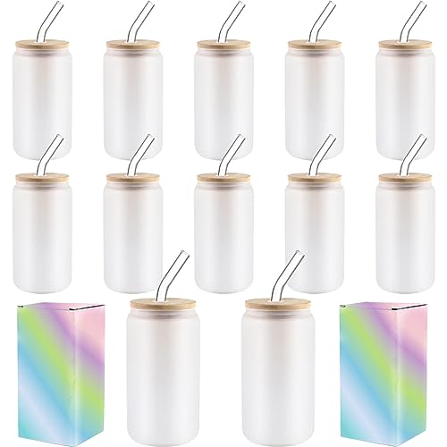 ABBSH Sublimation Glass Cups With Bamboo Lids And Straws Frosted Sublimation Glass With Bamboo Lid 16OZSublimation Beer Can Glass Sublimation Frosted Glass Tumbler Blanks 12Pack