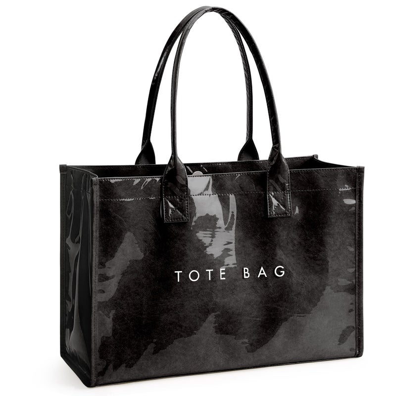 KALIDI FANCY FOREST KALIDI PVC Tote Bag Womenâ€™s Kraft Paper Work Handbags Purses with Top Handle,Black - Image 1