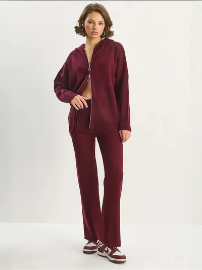Bianco Lucci LUCCI High Waist Zipper Collar Cardigan and Pants Set