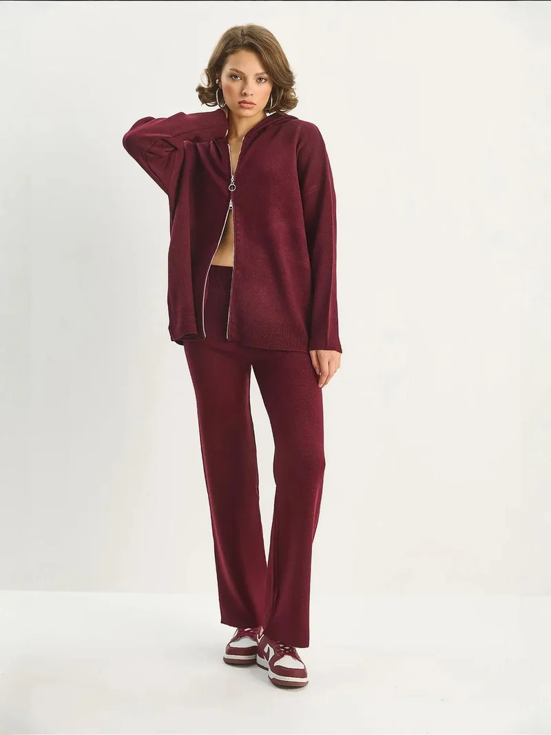 Bianco Lucci Burgundy Red LUCCI High Waist Zipper Collar Cardigan and Pants Set for Women | Best Price UAE