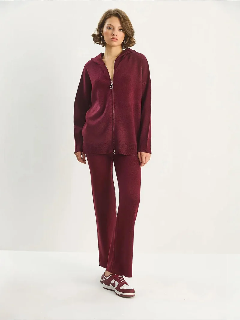 Bianco Lucci Burgundy Red LUCCI High Waist Zipper Collar Cardigan and Pants Set for Women | Best Price UAE