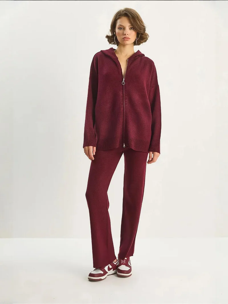 Bianco Lucci Burgundy Red LUCCI High Waist Zipper Collar Cardigan and Pants Set for Women | Best Price UAE