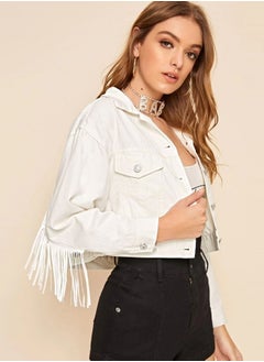 Loquat Fashionable Tassel Splicing Denim Short Jacket White  - Image 2