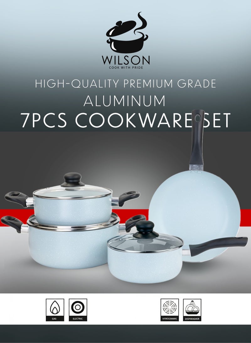 ويلسون طقم أواني طهي من الألومنيوم غير لاصق بطلاء رخامي، 7 قطع - هيكل خارجي متين، مقابض مقاومة للحرارة، أغطية من الزجاج المقسّى - مثالي للطهي الصحي، أزرق فاتح. - Image 1