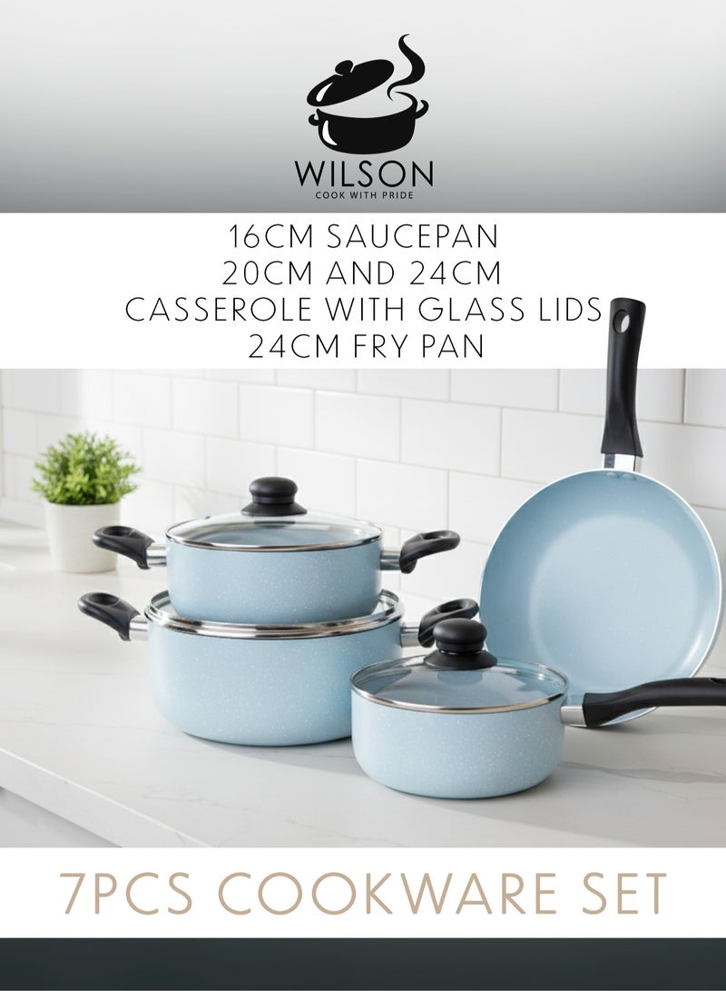 ويلسون طقم أواني طهي من الألومنيوم غير لاصق بطلاء رخامي، 7 قطع - هيكل خارجي متين، مقابض مقاومة للحرارة، أغطية من الزجاج المقسّى - مثالي للطهي الصحي، أزرق فاتح. - Image 2