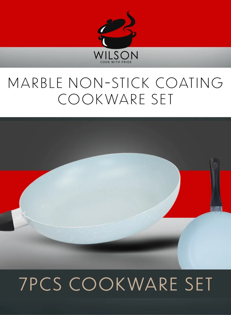 Wilson Wilson 7pcs Aluminum Non-Stick Marble Coating Cookware Set - Durable Exterior, Heat Resistant Handles, Tempered Glass Lids - Ideal for Healthy Cooking Light Blue